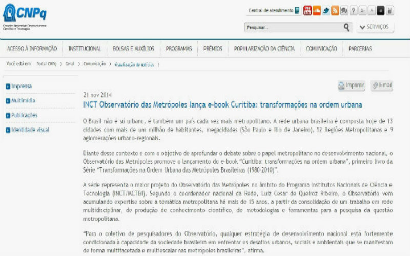 Portal CNPq:  Observatório das Metrópoles lança e-book sobre Metrópole de Curitiba